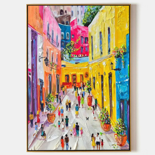 Sunlit Passage Textured Canvas Embracing Urban Joy and Radiant Color