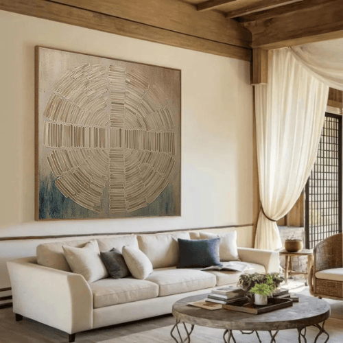 Celestial Echo Textured Canvas Reflecting Time Harmony Within Modern Interiors