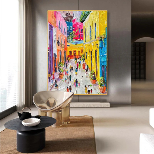 Sunlit Passage Textured Canvas Embracing Urban Joy and Radiant Color