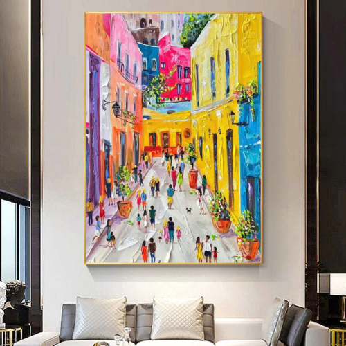 Sunlit Passage Textured Canvas Embracing Urban Joy and Radiant Color