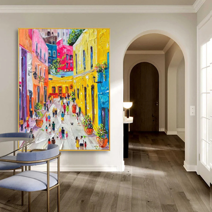 Sunlit Passage Textured Canvas Embracing Urban Joy and Radiant Color