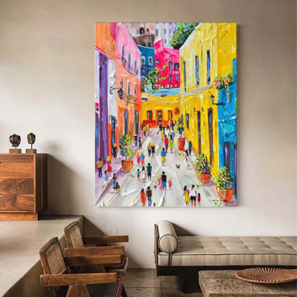 Sunlit Passage Textured Canvas Embracing Urban Joy and Radiant Color