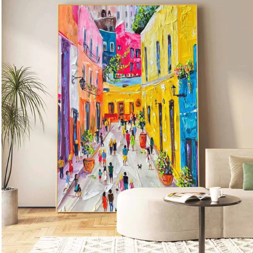 Sunlit Passage Textured Canvas Embracing Urban Joy and Radiant Color