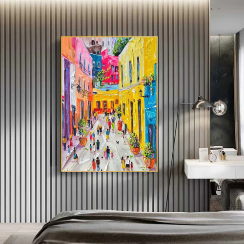Sunlit Passage Textured Canvas Embracing Urban Joy and Radiant Color